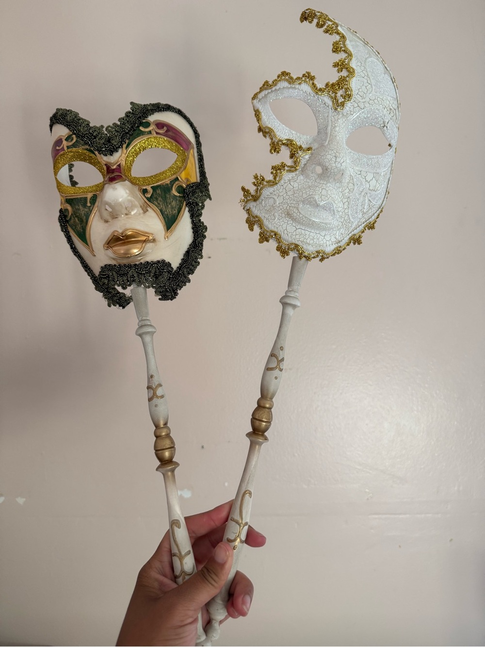 Venetian Handheld Masquerade Mask Pair - White/ Green & Gold Accents